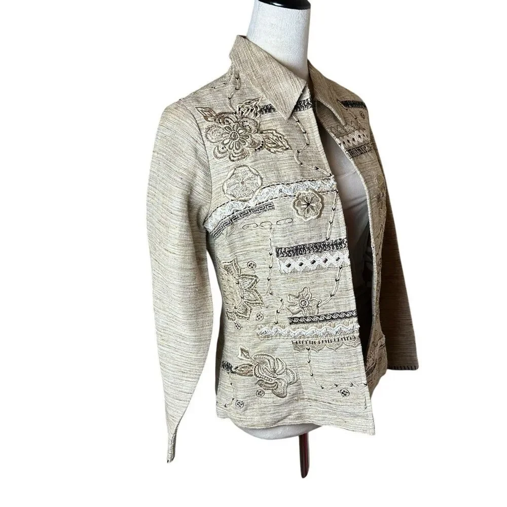 Coldwater Creek Embroidered Linen‎ Blend Jacket Petite PXS | NWT Coastal Grandma